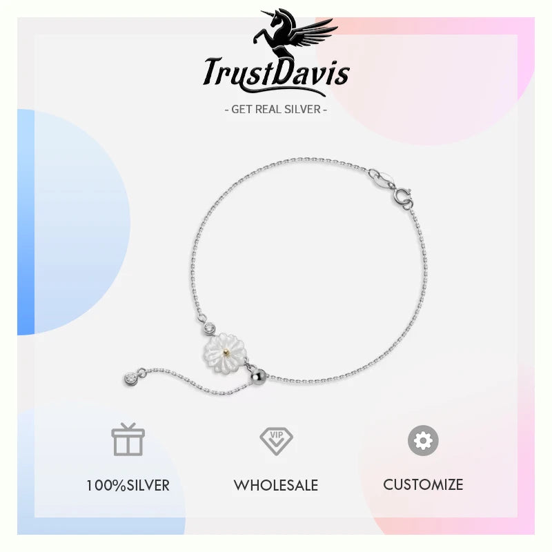 TrustDavis Authentic 925 Sterling Silver Fashion White Daisies Shiny CZ Bracelet For Women Wedding Fine S925 Jewelry Gift DA1084