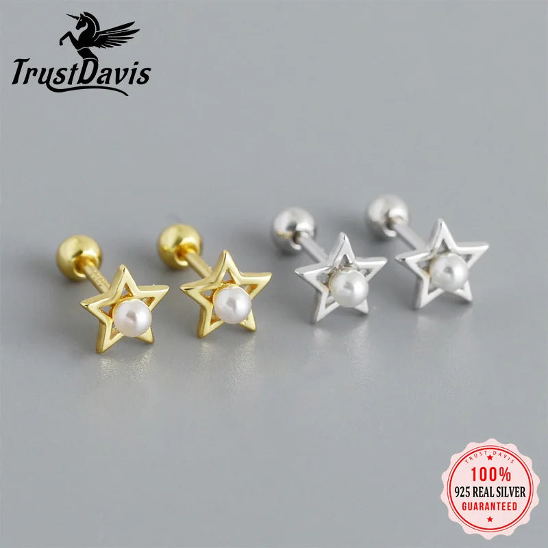 Pendientes TrustDavis de Plata de Ley 925 a la moda para mujer, pendientes simples con forma de estrella y perla para mujer y niña, regalo de joyería DS4329