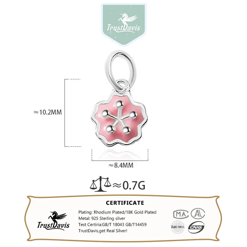 TrustDavis  Real 925 Sterling Silver Fashion Sweet Glaze Pink Blue Flower Charm Pendant Handmade DIY Accessories Jewelry DZ93