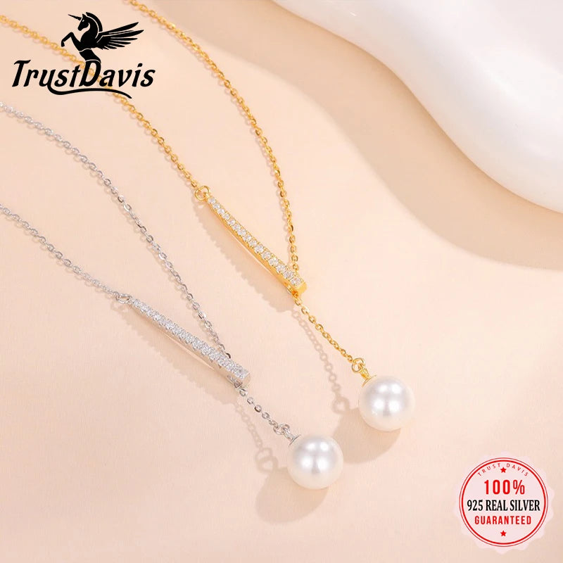 TrustDavis 925 Sterling Silver Women's Fashion and Simple Y-Shaped Pearl Adjustable Necklace for Women Girls Jewelry Gift DS4265