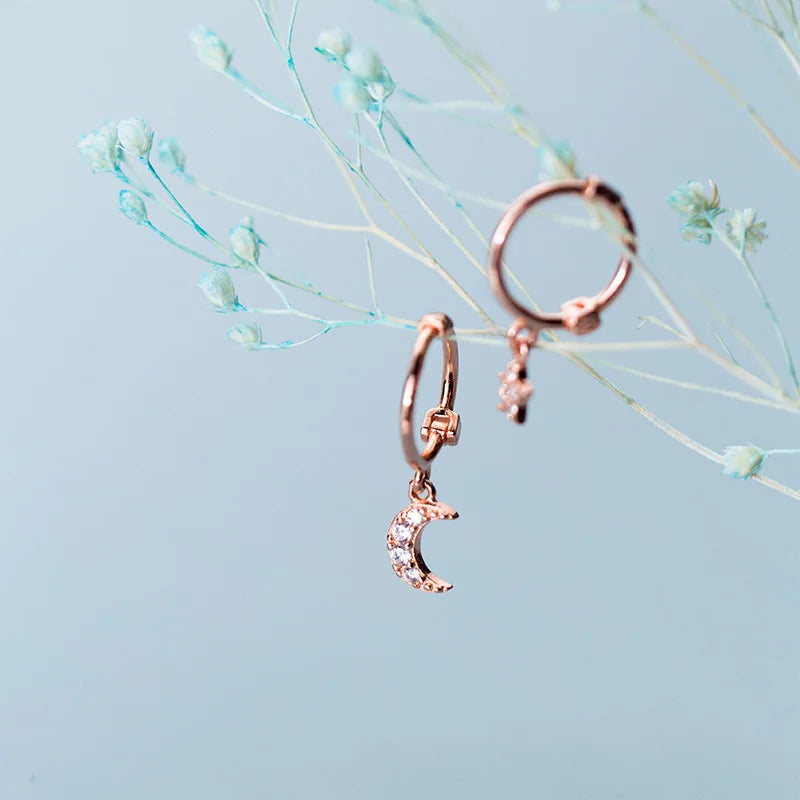 Trustdavis Authentic 925 Sterling Silver Fashion Star Moon Charm Hoop Earrings For Women Wedding Party Silver 925 Jewelry DS1771