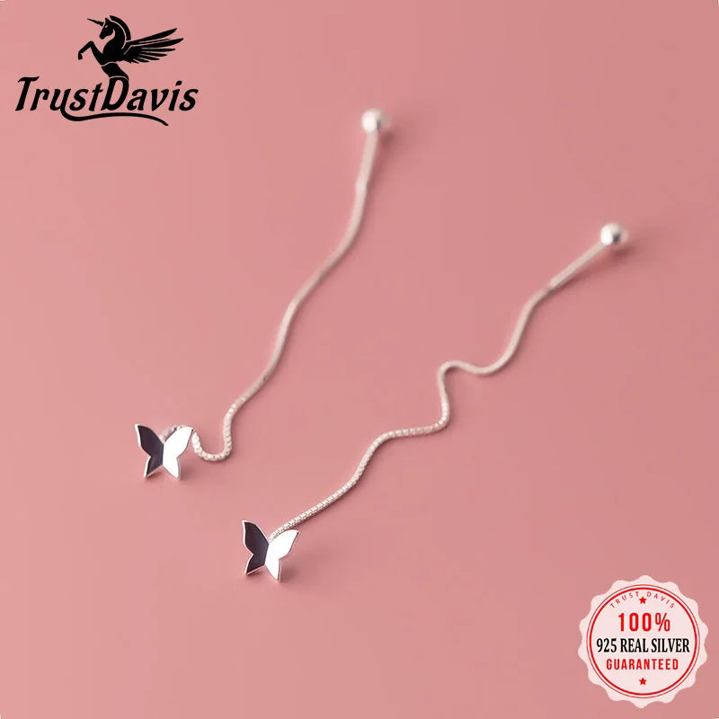 TrustDavis Real 925 Sterling Silver Sweet Box Chain Linked Butterfly Screw Stud Earring For Women Fashion Party Jewelry DG0133