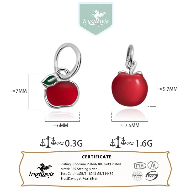 TrustDavis Real 925 Sterling Silver Fashion Red Apple Charm Pendant Handmade DIY Accessories Fine Jewelry Wholesale DZ1743