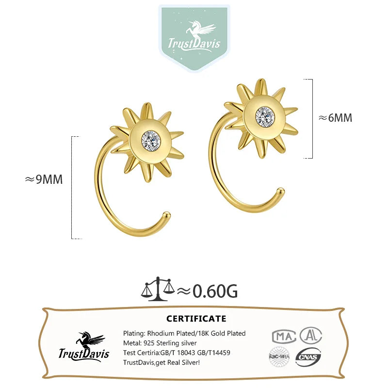 TrustDavis 925 Sterling Silver Women's Fashion Simple Sun Single Zirconia Stud Earrings for Women Girls Jewelry Gift DS4287