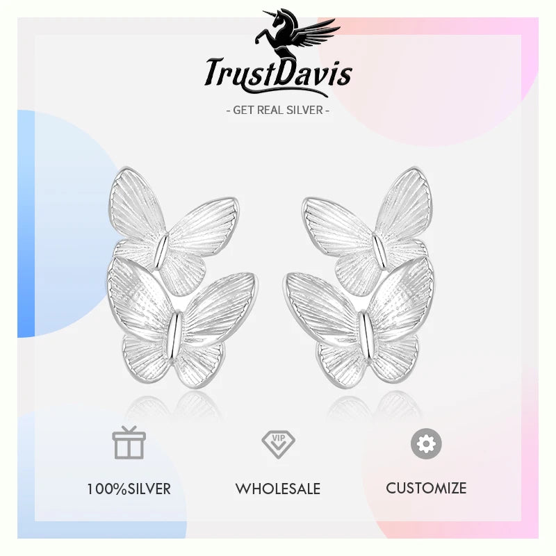 Trusta Genuine Fashion 925 Sterling Silver Fashion Butterfly Stud Earrings Party for Women Girl Wedding Jewelry Gift DS4017