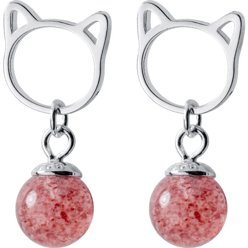 TrustDavis Real 925 Sterling Silver Cute Cat Pink Strawberry Crystal Earrings for Women Wedding Party Fine S925 Jewelry DS4385