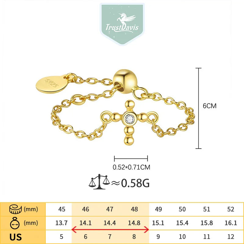 TrustDavis 925 Sterling Silver Women's Butterfly/Cross/Pearl Zircon Chain Adjustable Ring for Women Girls Jewelry Gift DS4330