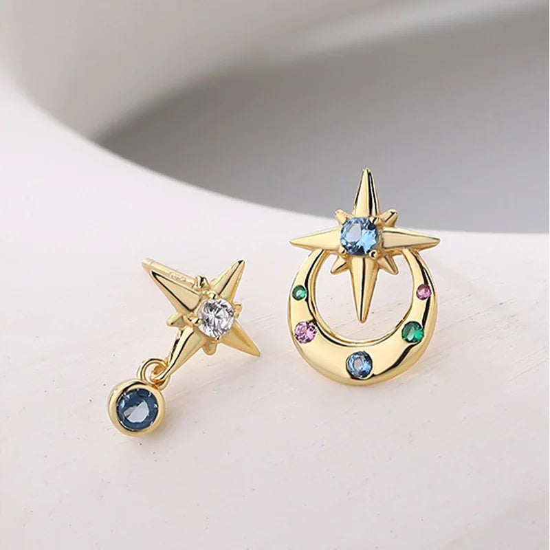 TrustDavis Real 925 Sterling Silver Women's Fashion Colorful Zircon Eight-pointed Star Earrings for Women Gift Jewelry DS4223