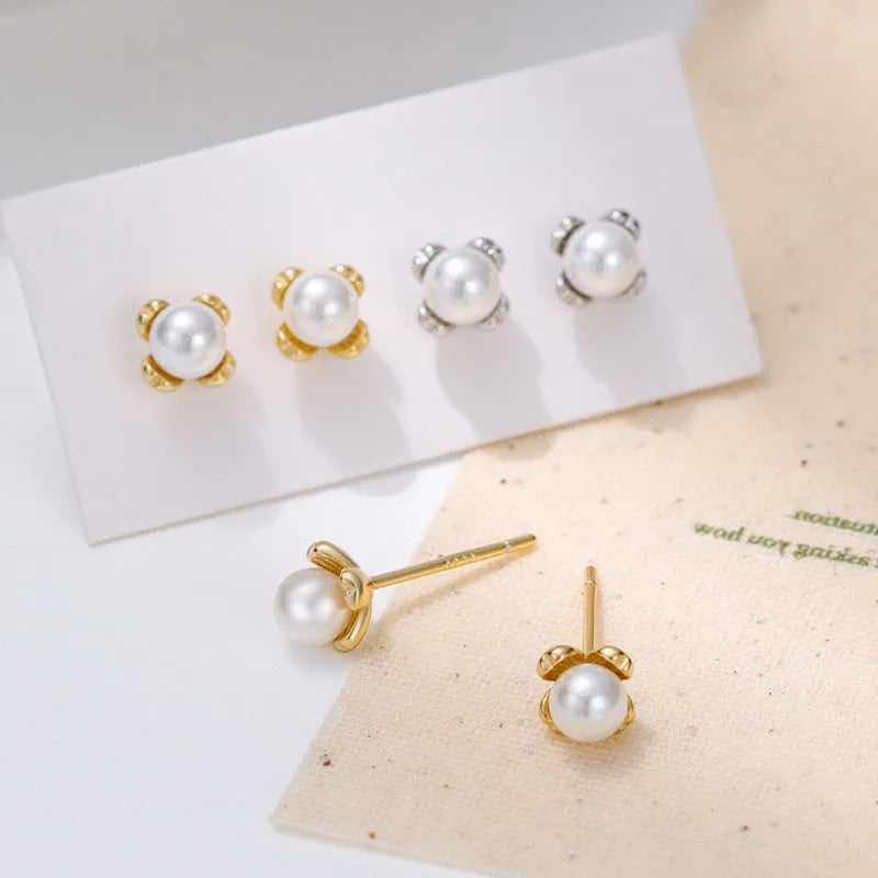 Real 925 Sterling Silver Flower Pearl Stud Earrings DS4958