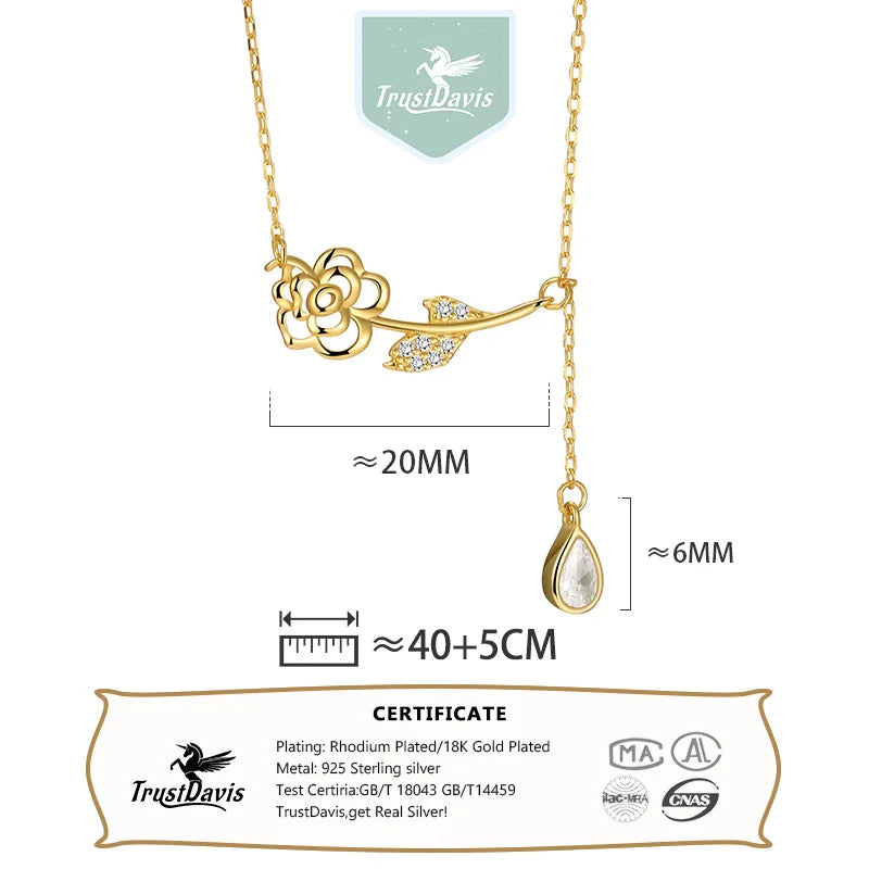 TrustDavis 925 Sterling Silver Women's  Fashion Simple Rose Zircon Tassel Necklace for Women Girls Jewelry Gift DS4275