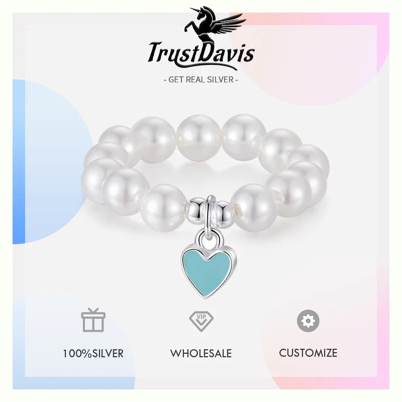 TrustDavis 925 Sterling Silver heart Synthesis pearl Opening Rings For Women Romantic Style Fine 925 Wholesale Jewelry DS3570