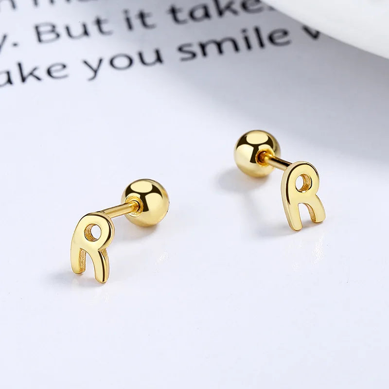 TrustDavis Real 925 Sterling Silver 26 Letter Screw Beads Stud Earring For Women Children Baby Minimalist Fine Jewelry DA2867