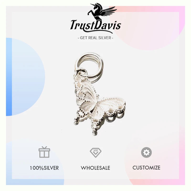 TrustDavis New Fashion Real 925 Sterling Silver Fashion Golden Butterfly Charm Pendant Handmade DIY Accessories Jewelry DZ1802