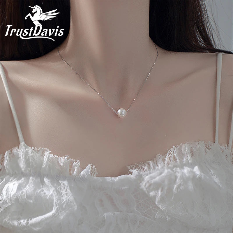 TrustDavis 925 Solid Sterling Silver Elegant Synthetic Pearl Pendant Necklace Women Girls Birthday Gift Fine S925 Jewelry DS4439