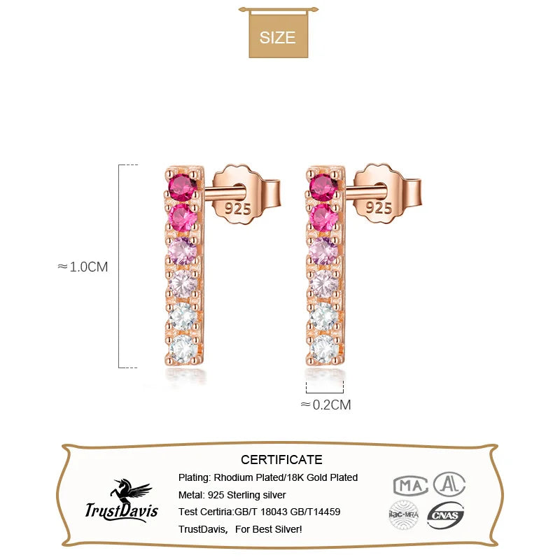 Trusta Genuine Fashion 925 Sterling Silver Sweet Cute Dazzling Pink Blue CZ Stick Stud Earrings For Women Girl Teens Lady DA555
