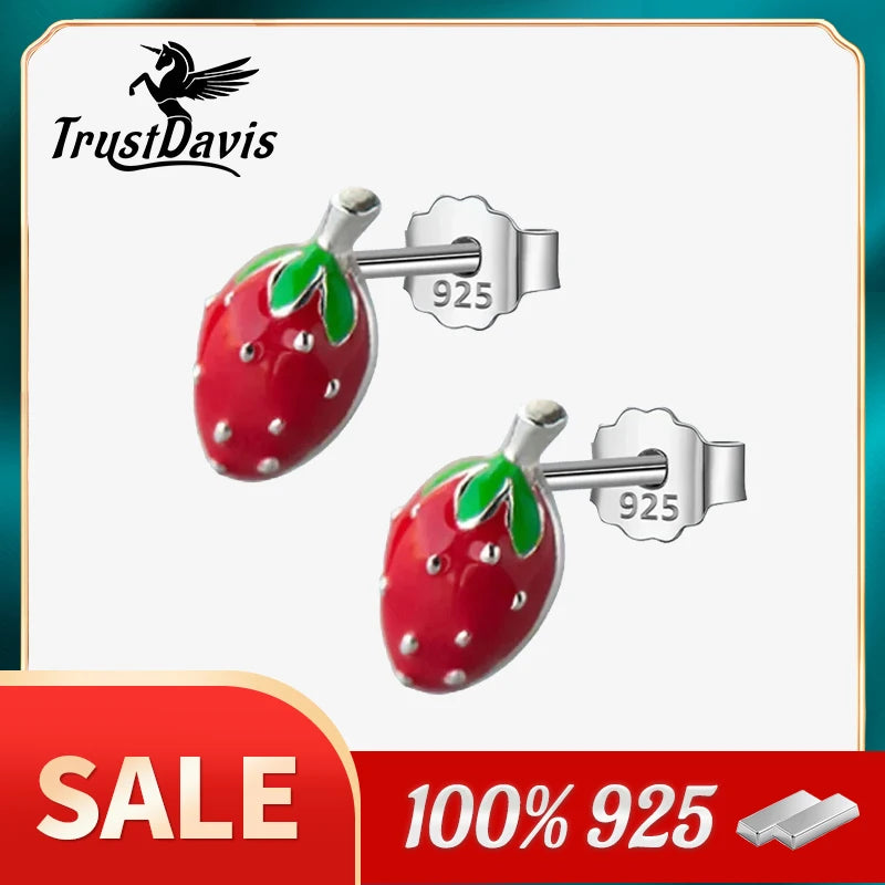 TrustDavis Real 925 Sterling Silver Earring Fashion Tiny Sweet Little Strawberry Stud Earrings Gift For Girls Kids Lady DS92