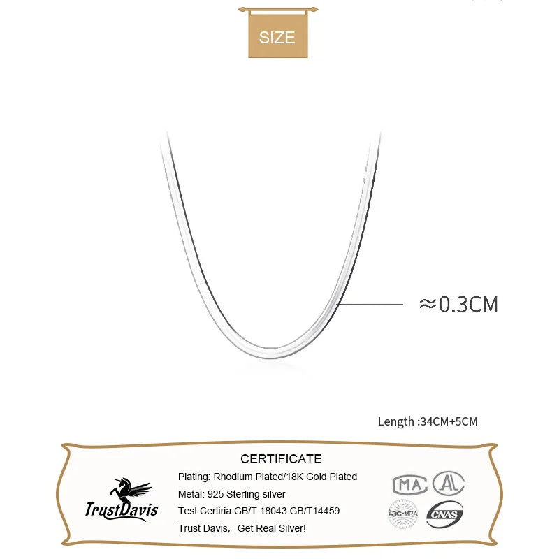 TrustDavis Real 925 Sterling Silver Fashion 3mm Width Snake Chain Clavicle Necklace For Women Wedding Party Fine Jewelry DA1887