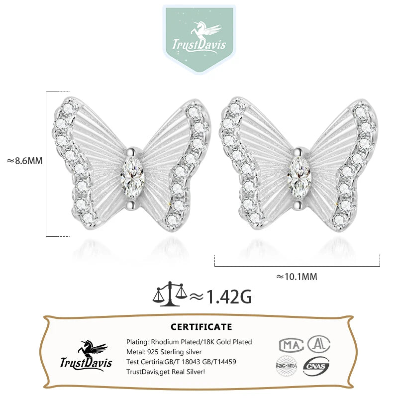 TrustDavis 2024 Real 925 Sterling Silver Sweet Butterfly Zircon Screw Stud Earrings For Daughter Girls Fine Jewelry Gift DS4595