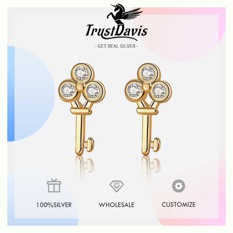 TrustDavis 925 Sterling Silver Women's Earrings Fashion Simple Key Zirconia Stud Earrings for Women Girls Jewelry Gift DS4358