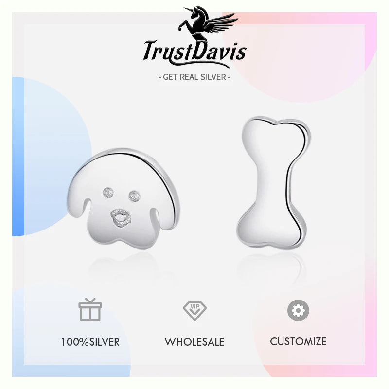 TrustDavis 925 Sterling Silver Women's Fashion Asymmetrical Funny Dog Love Bone Earrings for Women Girls Jewelry Gift DS4365
