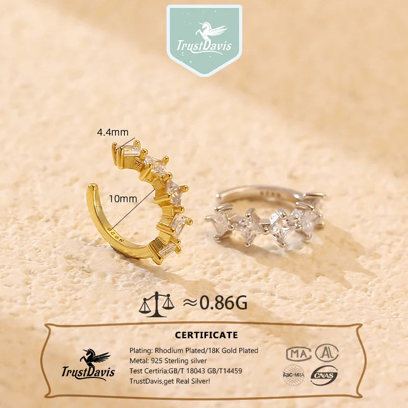 TrustDavis 925 Sterling Silver Women's Fashion Simple Zircon Clip Earrings for Women Girls Birthday Jewelry Gift DS4707