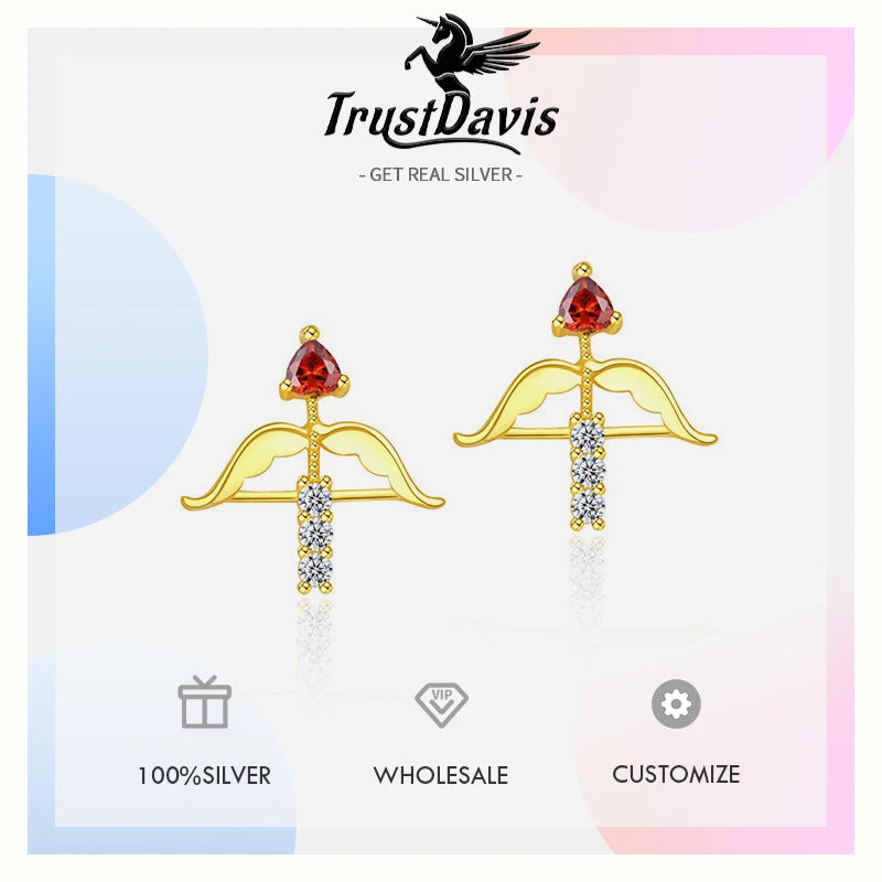 TrustDavis Real 925 Sterling Silver Fashion Bow Arrow Zircon Heart Earrings Necklace Set for Women Girl Gift Fine Jewelry DS4682