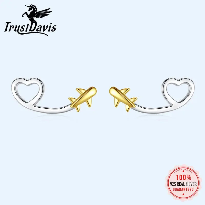 TrustDavis 925 Sterling Silver Earring Jewelry Hollow Heart Plane Stud Earrings Birthday Gift For Women Silver 925 Jewelry DA801