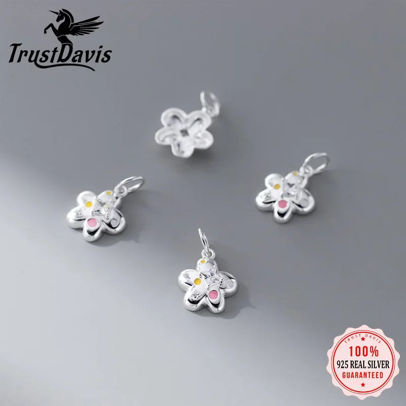 TrustDavis Real 925 Sterling Silver Cute sweet Flower Charm Pendant Handmade DIY Accessories Wholesale DZ1677