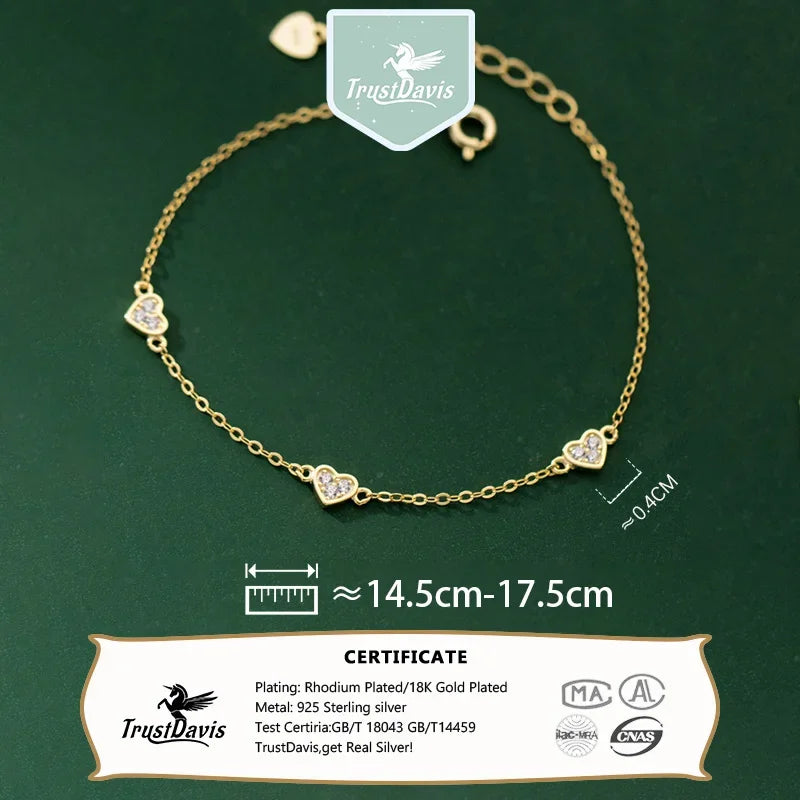 TrustDavis 925 Sterling Silver Sweet Heart Cross Thin Chain Bracelet for Women Wedding Birthday Fine S925 Jewelry DS3977
