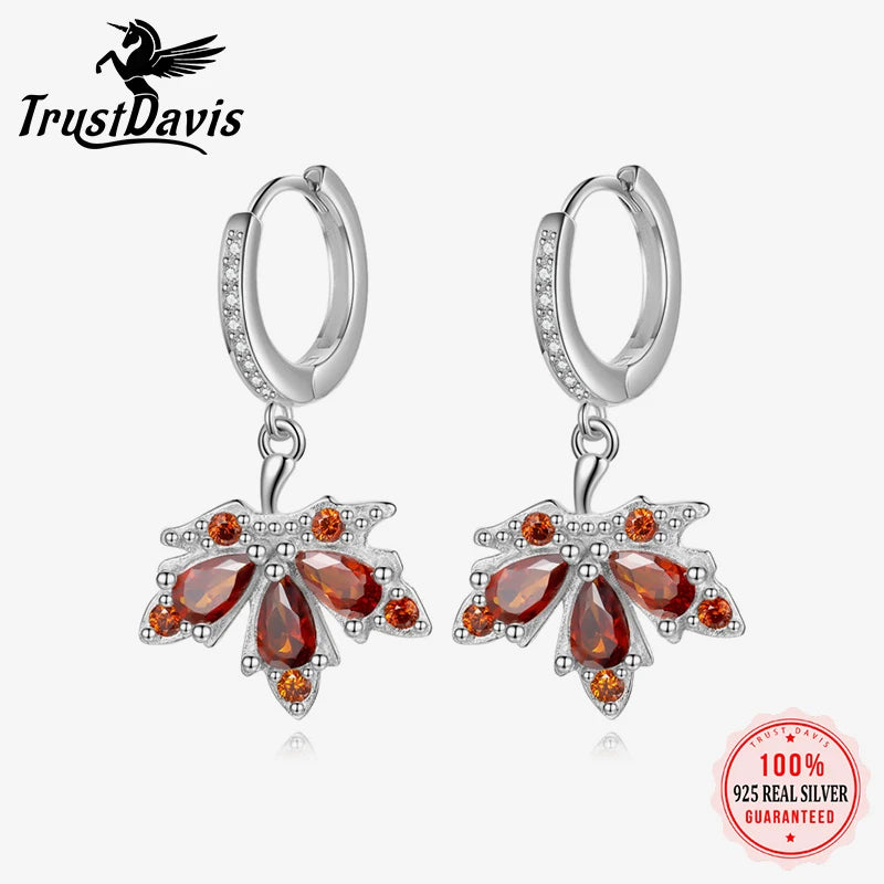 Trustdavis Real 925 Sterling Silver Sweet Fashion Maple Leaves Hoop Earrings Women Girls Birthday Party Gift Jewelry DS4141