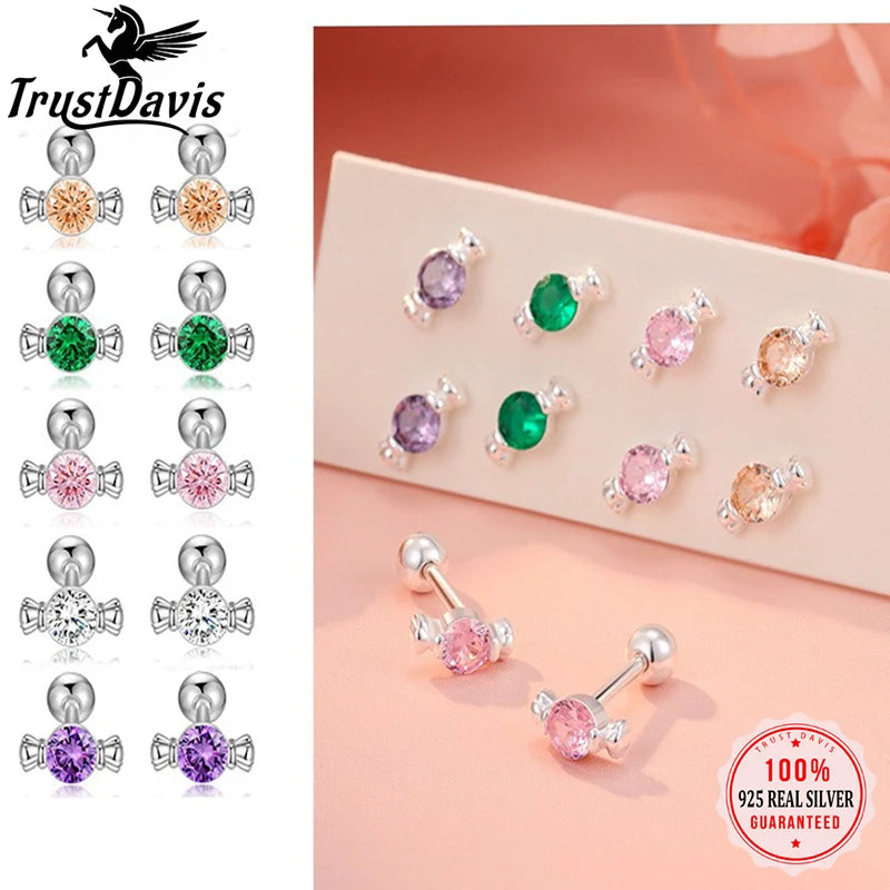 TrustDavis Real 925 Sterling Silver Fashion Sweet Cute Zirconia Candy Screw Earrings for Women Girls Jewelry Gift DS4712