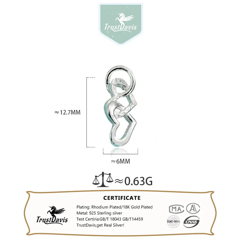 TrustDavis 925 Sterling Silver Fashion Classic Double Heart Charm Pendant DIY Necklace Bracelet Accessories Fine Jewelry DZ1851