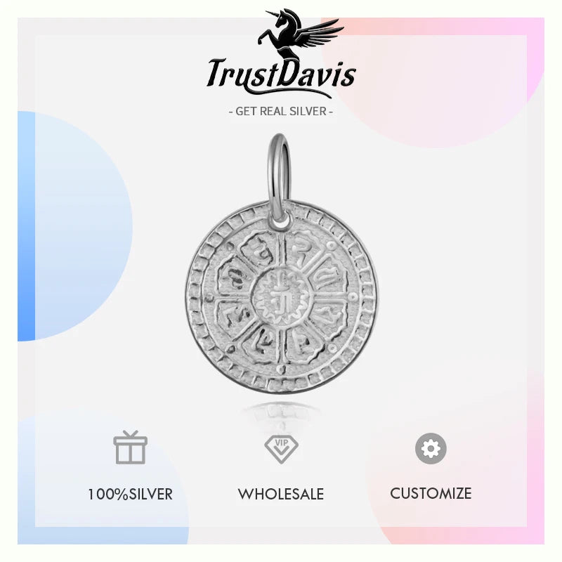 TrustDavis Real 925 Sterling Silver Sweet Round Card Pendant Handmade DIY Fit Necklace Bracelet Accessories Fine Jewelry DZ720