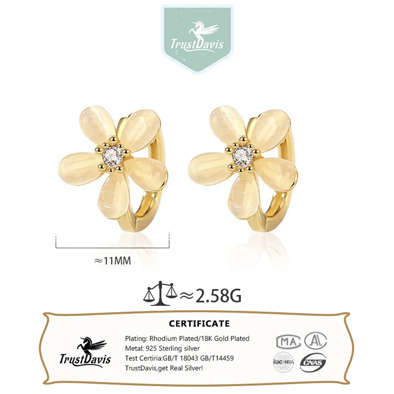 TrustDavis 925 Sterling Silver Women's Earrings Fashion Sweet Flower Hoop Earrings for Women Girls Jewelry Gift DS4370