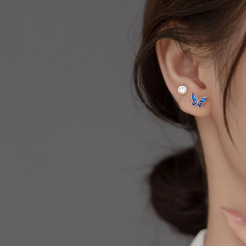 TrustDavis Real 925 Sterling Silver Kids Earring Asymmetric Butterfly CZ Stud Earrings for Daughter Girls Fine Jewelry DG0194