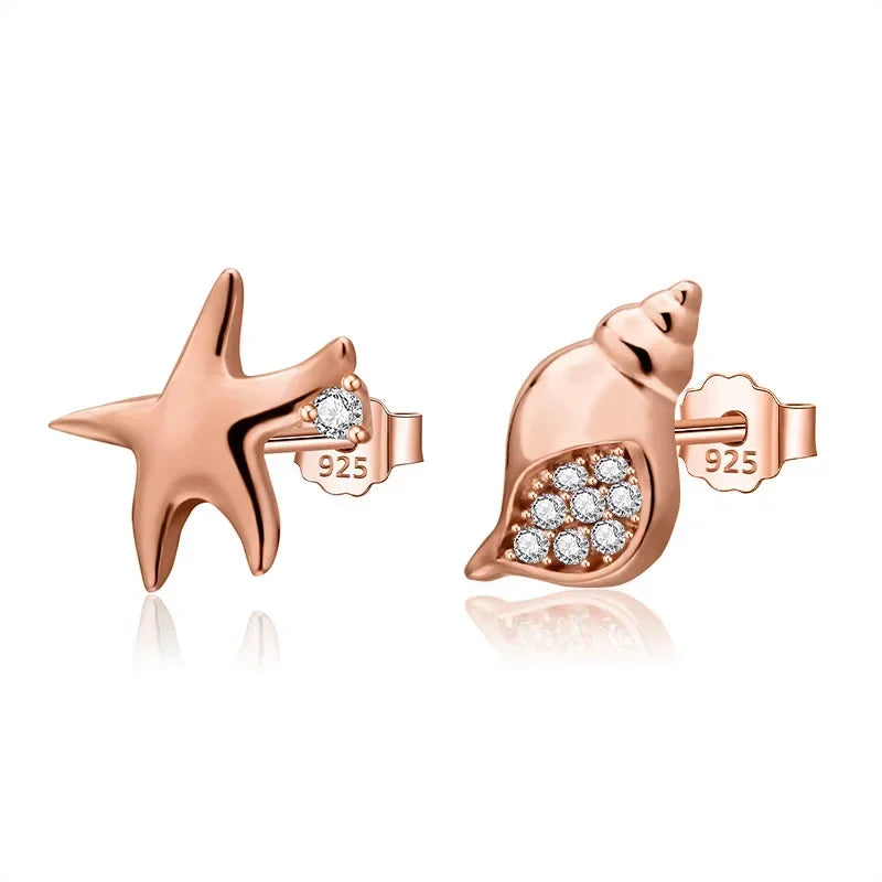 TrustDavis Genuine 925 Sterling Silver Asymmetric Conch Starfish CZ Stud Earrings For Fashion Woman Party Fine Jewelry DA1219