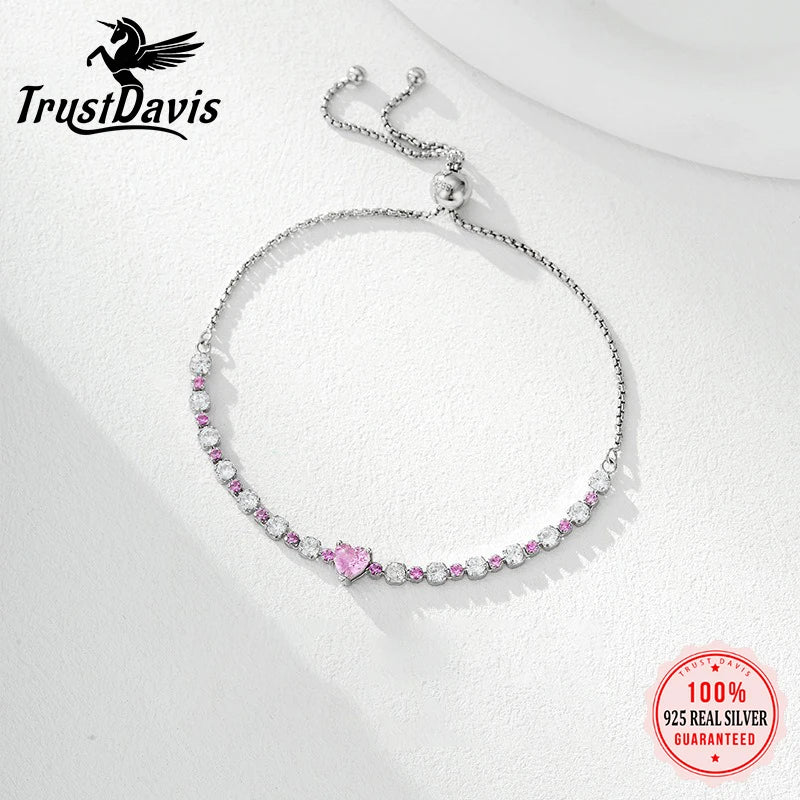 TrustDavis 925 Sterling Silver Women's Fashion Simple Full Diamond Heart Adjustable Bracelet for Women Girls Jewelry Gift DS4429