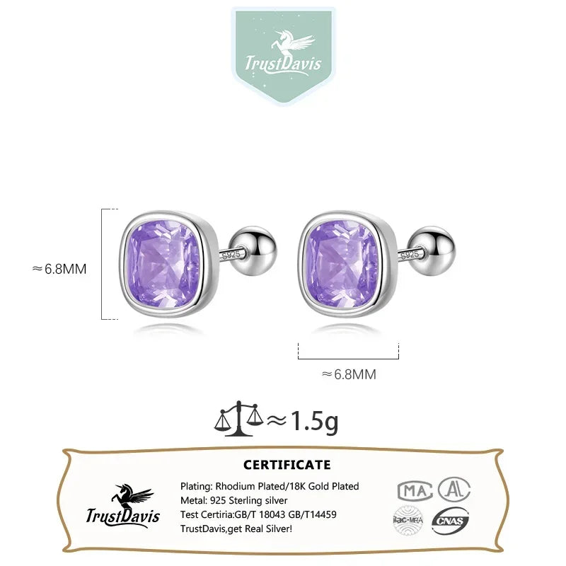 TrustDavis Real 925 Sterling Silver Sweet Geometric CZ Screw Stud Earrings for Women Girls Birthday Fine Jewelry DS4052
