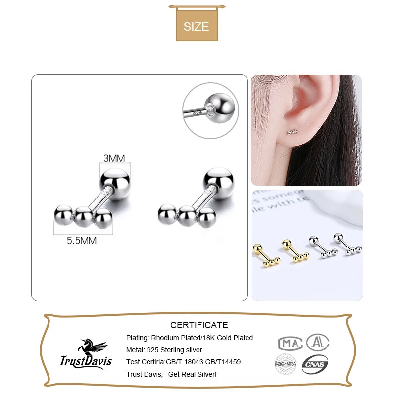 TrustDavis Real 925 Sterling Silver Earring Fashion Sweet Mini Beads Screw Earrings For Women Wedding Anniversary Jewelry DA2349