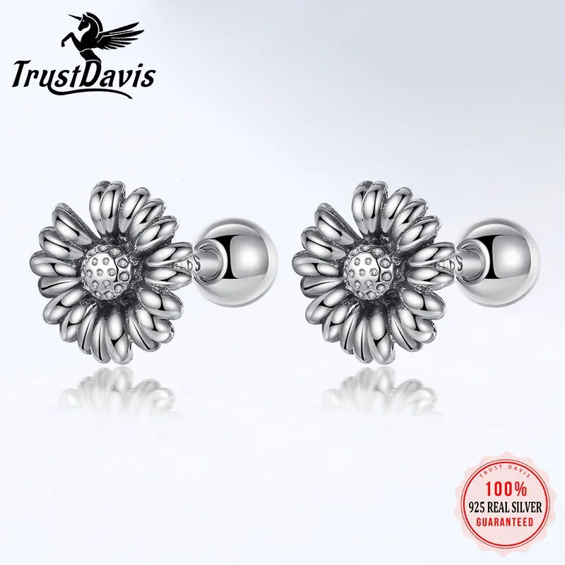 TrustDavis Real 925 Sterling Silver Fashion New Daisy Flower Sweet Screw Stud Earrings For Women Wedding Fine Jewelry DB080