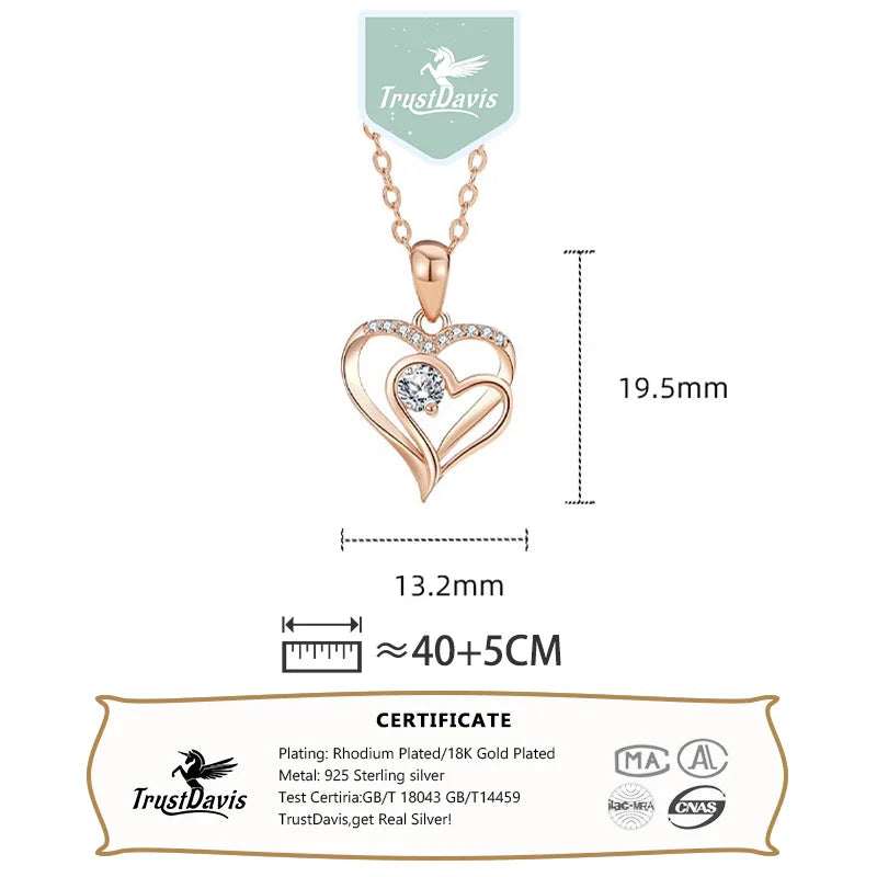 TrustDavis 925 Sterling Silver Heart-shaped Necklace Double Heart Necklace with CZ for Mother's Day Birthday Gift Jewelry DS4201