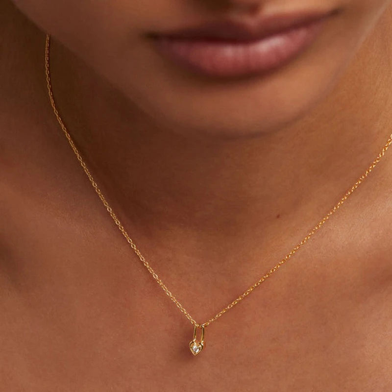 TrustDavis Real 925 Sterling Silver Women's Fashion Simple Zircon Heart Lock Necklace for Women Girls Jewelry Gift DS4457