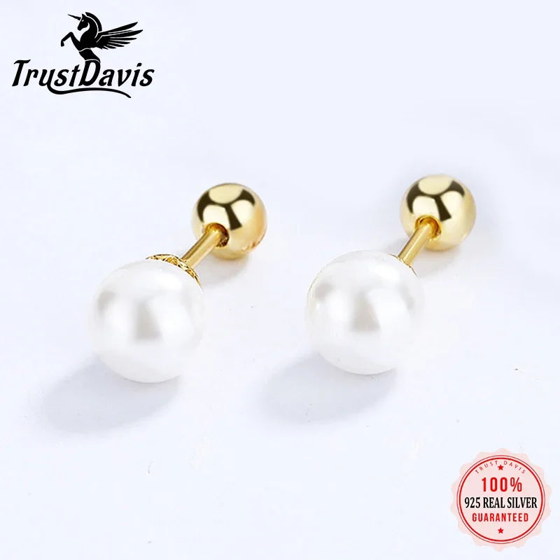 TrustDavis Real 925 Sterling Silver 4/5/6mm Synthesis Pearl Screw Stud Earring for Women Party Mini Minimalist Jewelry DA2870