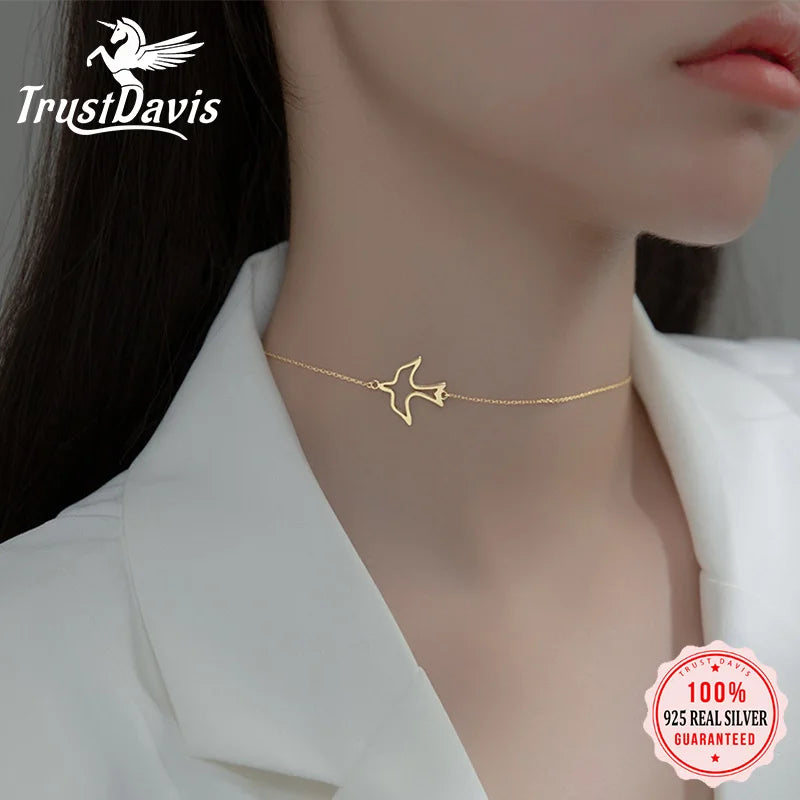 Trustdavis Real 925 Sterling Silver Fashion Gold Hollow Birds Clavicle Chain Necklace For Women Wedding Party Jewelry DA2705