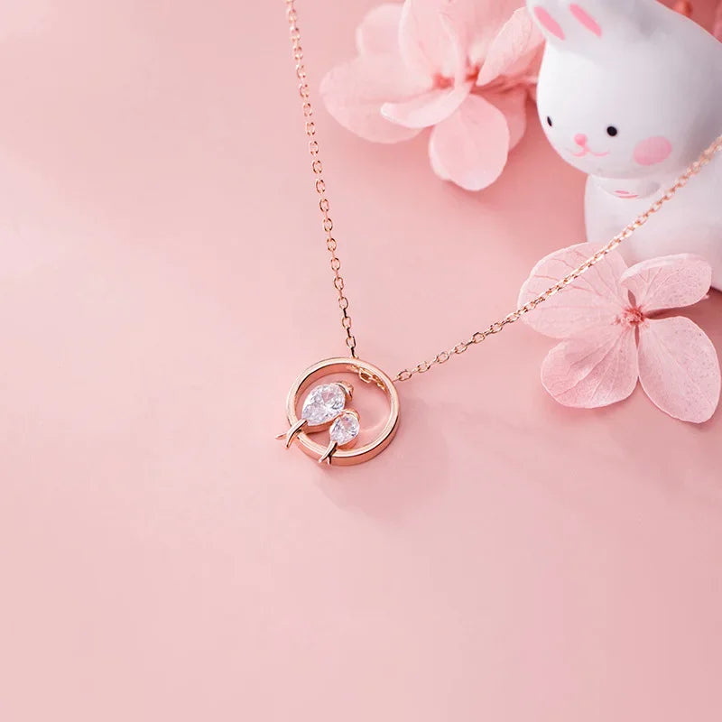 TrustDavis 100% 925 Sterling Silver Dazzling Birds Fall in Love CZ Pendant Necklace for Women Girl Silver 925 Jewelry DA462