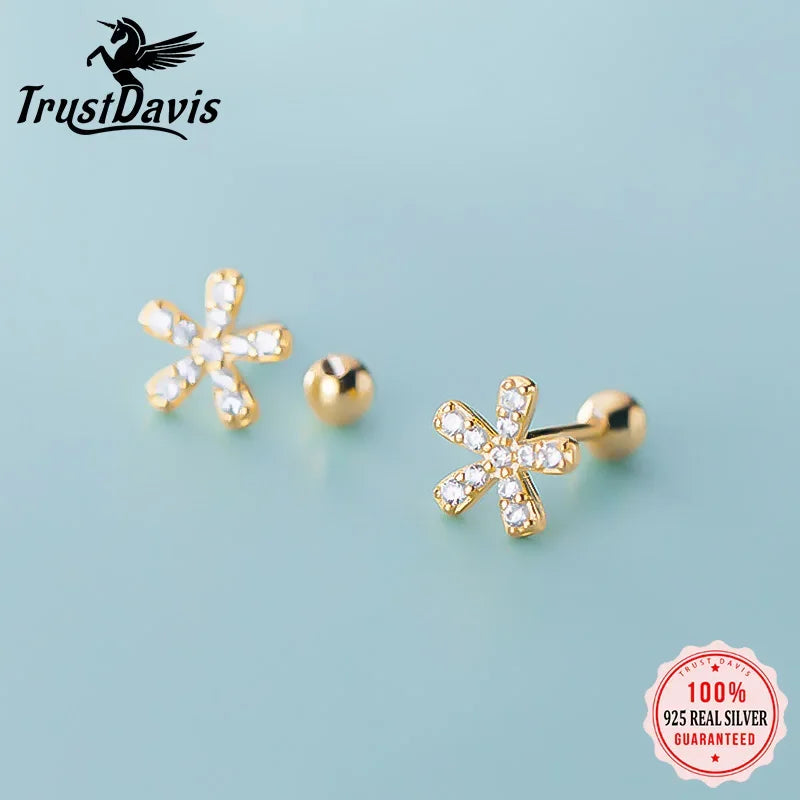 TrustDavis Real 925 Sterling Silver Fashion Sweet Flower CZ Screw Stud Earrings For Women Wedding Party Fine S925Jewelry DA1922