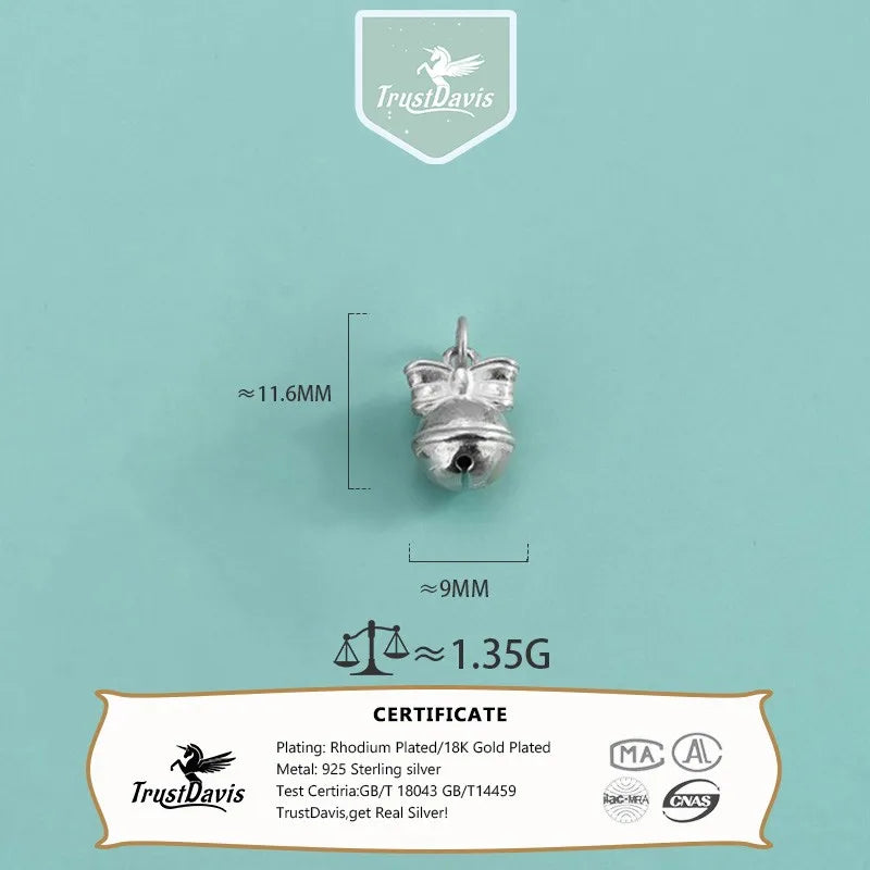 TrustDavis Real 925 Sterling Silver Sweet Bow Shaped Bell Pendant Handmade DIY Necklace Bracelet  Accessories Fine Gift DZ1644