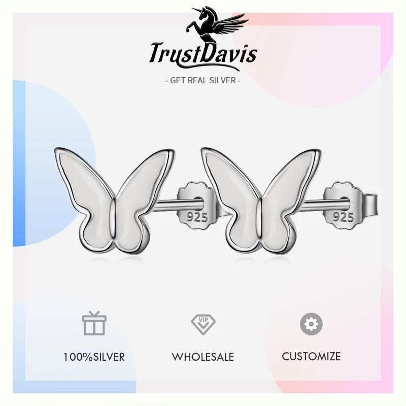 TrustDavis Real 925 Sterling Silver Women's Fashion Simple Epoxy White Butterfly Earrings for Women Girls Jewelry Gifts DS4254