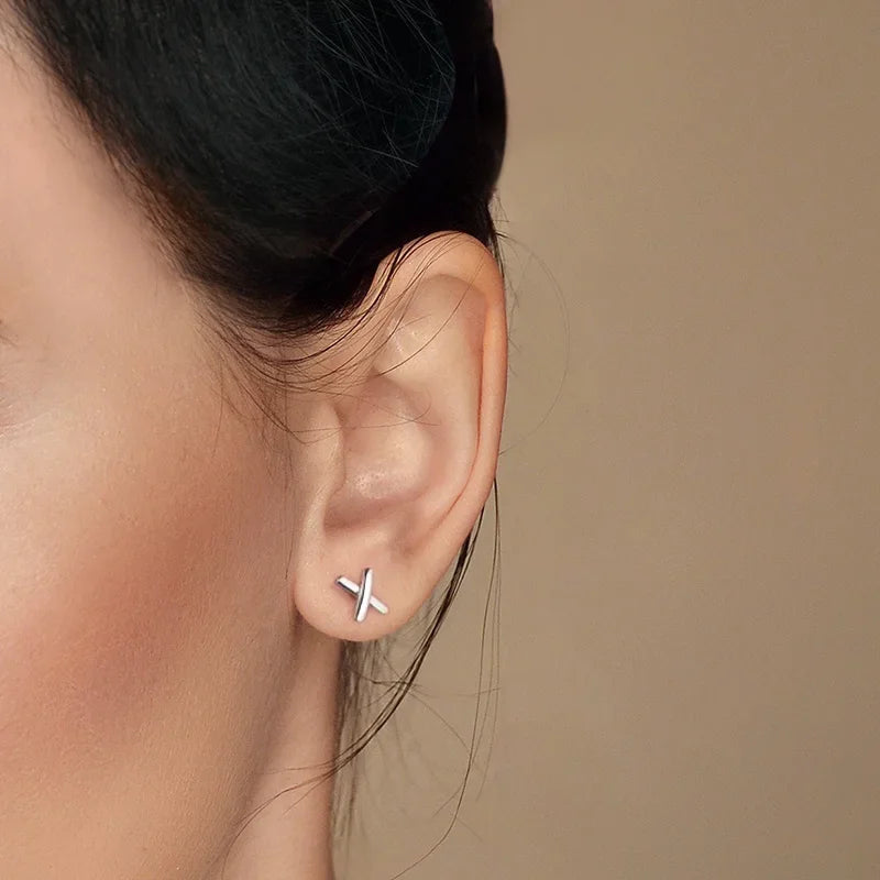 TrustDavis Authentic 925 Sterling Silver Geometric Cross Stud Earrings for Women Girls Kids Birthday Gift Jewelry DS3906