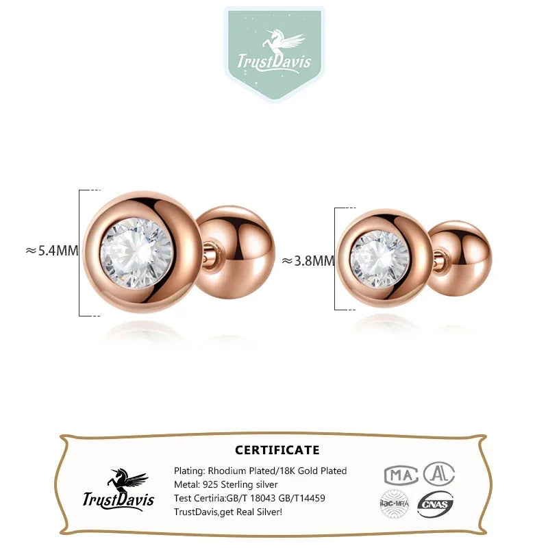 TrustDavis Girls Real 925 Sterling Silver Round Zircon Stud Earrings Women Daughter Birthday Party Gift Jewelry  DS4361